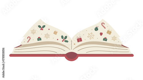 Festive Storybook: An open book, pages filled with Christmas-themed icons like ornaments and snowflakes, evokes the warmth and magic of the holiday season.