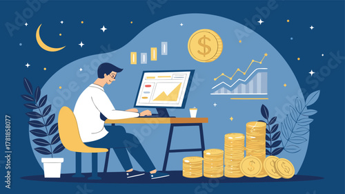 Vector illustration of a man sitting at a desk surrounded by coins, bills, and graphs on a computer screen, late night atmosphere