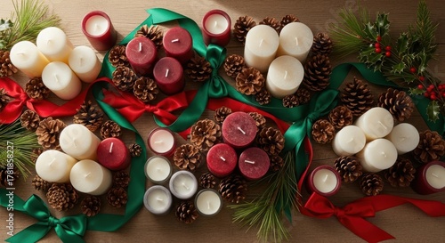 Candles and pinecones arranged with festive ribbons and greenery for holiday decoration.