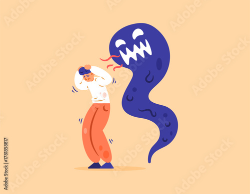The concept of schizophrenia. Mental health disorders. Hallucinations, delusions, and mental confusion. Illustration of a man feeling scared and anxious, afraid of the shadow of a monster. Flat style