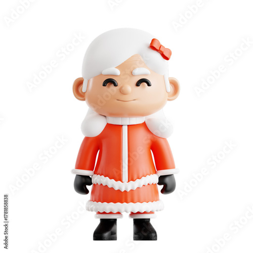 Charming 3D illustration of a cute elderly grandmother character wearing a festive red winter holiday costume, smiling happily on a white background