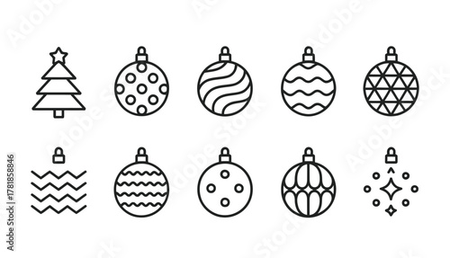 Christmas tree and ornament decoration outline icons