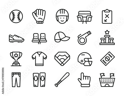 Baseball sport equipment game player outline icon set