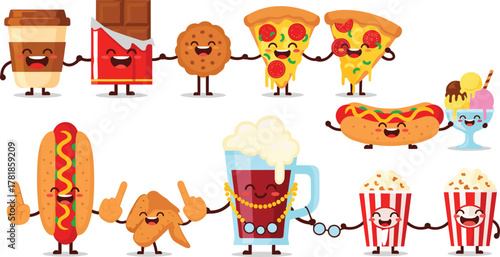 Set of cartoon food characters with faces and limbs in playful poses, including pizza, popcorn, coffee, hot dog, and more