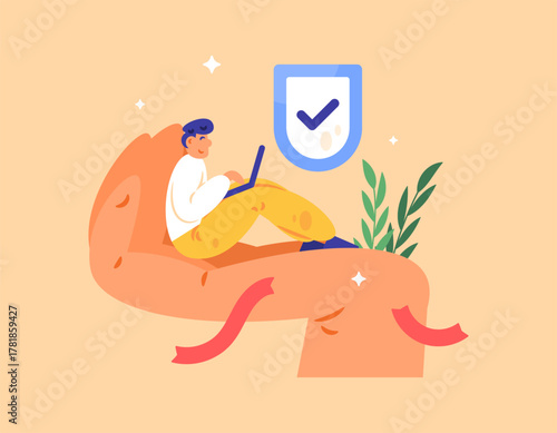 Illustration of an employee working in the palm of the boss's hand. Worker comfort and safety. Employee protection and welfare. A caring boss. Concept or metaphor. Flat style. Orange background.