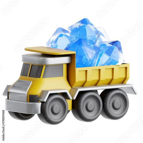 A yellow toy dump truck filled with sparkling blue diamonds, representing valuable cargo or treasure