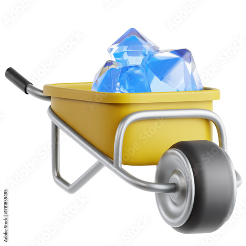 A vibrant yellow wheelbarrow overflowing with sparkling blue gemstones, symbolizing an abundance of valuable resources and the concept of effortless wealth accumulation