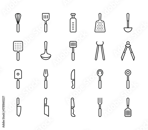 Kitchen utensils cooking tools chef equipment icons pack
