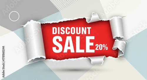 Eye-catching promotional banner featuring a torn paper effect, highlighting a significant discount offer for retail and online sales events