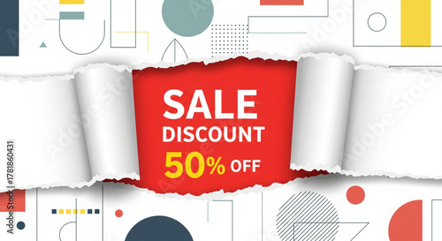 Torn Paper Sale Discount Announcement with Abstract Shapes