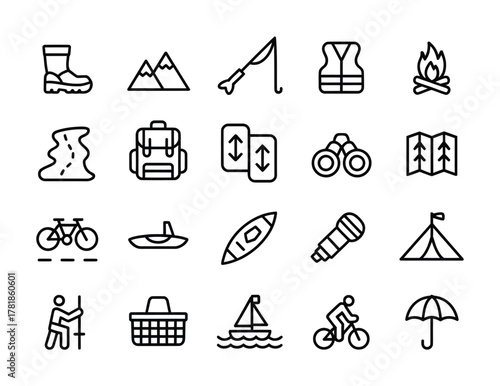 Outdoor camping hiking adventure travel icons pack