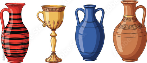Set of four ancient-style vessel illustrations including amphora, goblet, jug, and urn with decorative patterns and colors