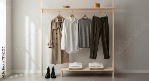 Minimalist wooden clothing rack showcasing a curated capsule wardrobe with neutral-toned apparel in a bright room