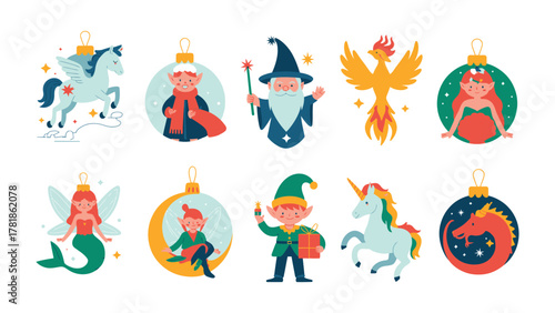 Christmas Ornaments with Fantasy Creatures: A vibrant set of holiday ornaments, each depicting a unique fantasy creature, ready to infuse festive cheer and imaginative wonder into the yuletide spirit.
