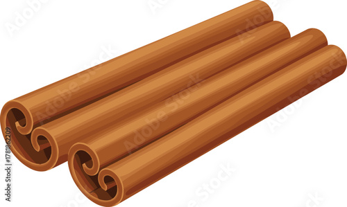 Three cinnamon sticks illustration showing rolled bark texture and rich brown color for culinary, botanical, and spice-themed design