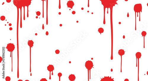 Red drips and splatters adorn a white background creating a stark patterned effect