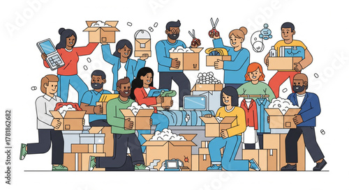 Happy diverse community of volunteers packing clothing and essentials into donation boxes for a charity drive