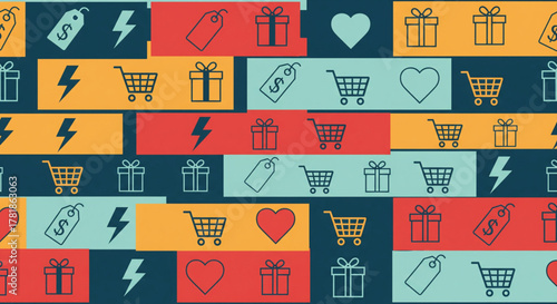 Seamless pattern of shopping icons including gift boxes, shopping carts, and lightning bolts on a colorful geometric background, perfect for e-commerce and retail designs