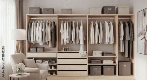 A beautifully organized modern walk-in closet with light wood cabinetry, featuring neatly arranged clothing, ample storage solutions, and a cozy dressing area