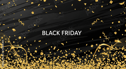 Black Friday Sale Announcement with Glittering Confetti and Streamers on Dark Background