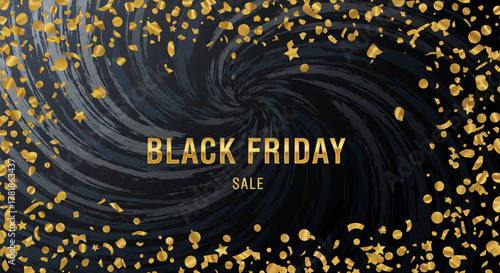 Luxurious promotional vector illustration featuring a vortex of sparkling gold confetti on a black abstract spiral background for big sales