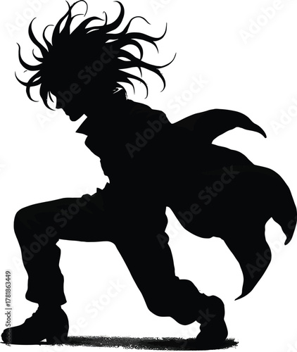 Silhouette of a person dynamically dancing with long flowing hair