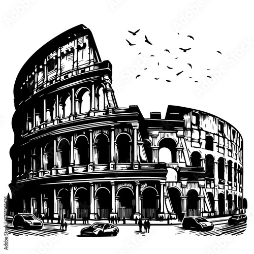 Colosseum Vector Black and White Illustration — detailed hand-drawn line art of the ancient Roman amphitheater in Rome, Italy. This black and white vector captures the timeless beauty and architecture