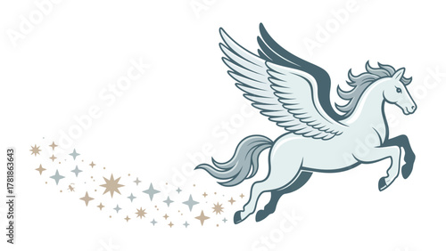 Pegasus Soaring: An ethereal depiction of the mythical Pegasus, a majestic winged horse, gracefully traversing the sky, leaving a sparkling trail of stars in its wake.