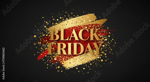 Elegant seasonal discount announcement background with luxurious golden confetti and an artistic red paint smudge on a dark backdrop