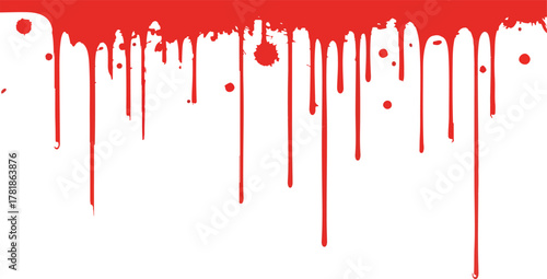 Red drips and splatters descend on a white backdrop creating a visceral graphic effect