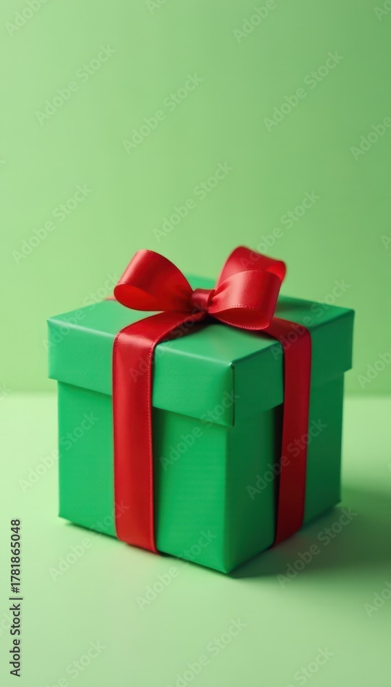 Fototapeta premium Small green gift box with a simple red ribbon bow , package, holiday