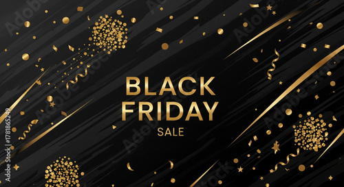 Luxurious Black Friday sale promotional banner with sparkling golden confetti on a sleek dark background. Abstract vector design for holiday shopping events