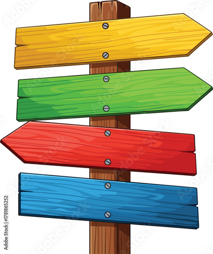 Colorful wooden signpost, directional arrows, navigation concept, cartoon style, blank signs, travel guide, vector illustration, road signage