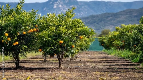 Orange trees thriving in a droughtresilient orchard demonstrating successful climate adaptation through selective breeding and sustainable farming techniques.