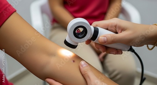 Wallpaper Mural A dermatologist examining a patient's skin with a dermatoscope for potential skin irregularities during a medical examination in a clinic. Torontodigital.ca