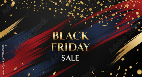 Black Friday Sale Abstract Design with Golden Confetti and Dynamic Brush Strokes