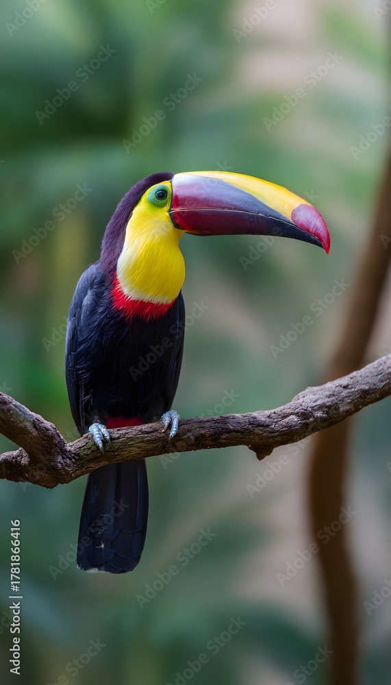 Naklejka premium Vivid toucan perched amidst lush tropical foliage bathed in gentle morning sunlight splendor