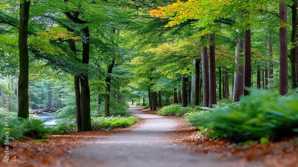 Naklejka premium Peaceful Woodland Trail Covered in Fallen Leaves Bathed in Golden Sunlight with Vibrant Green Foliage and Ferns