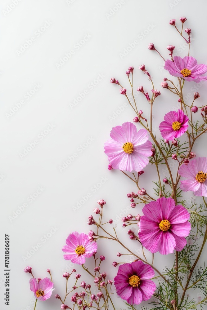 Fototapeta premium Vibrant frame of pink cosmos flowers and buds on a clean white background