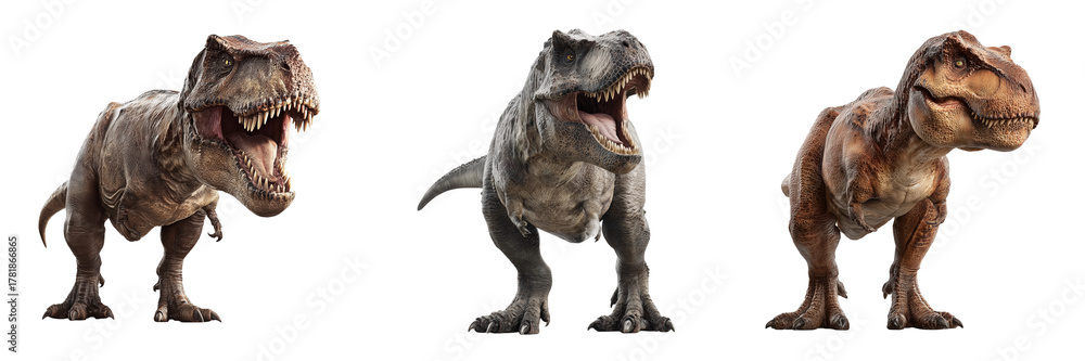 Fototapeta premium Set of Acrocanthosaurus in profile, standing on white seamless background, realistic skin details, naturalistic lighting, high-quality on transparent png background. Ai generated