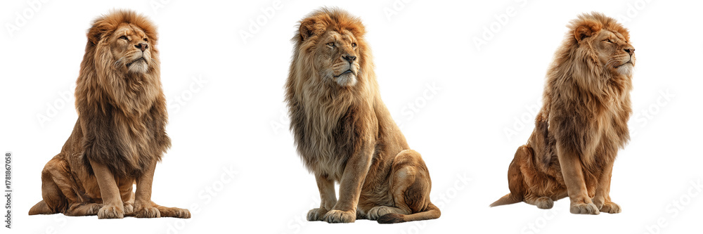 Obraz premium Set of Full-body lion sitting on a white seamless background, studio photo, realistic details on transparent png background. Ai generated