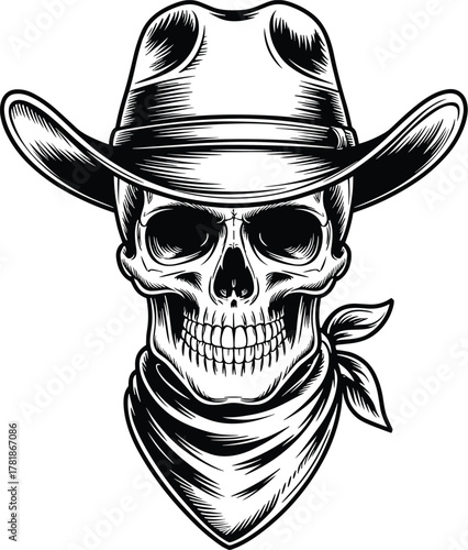 Vintage Engraving Black and White Cowboy Skull with Bandana Vector Illustration