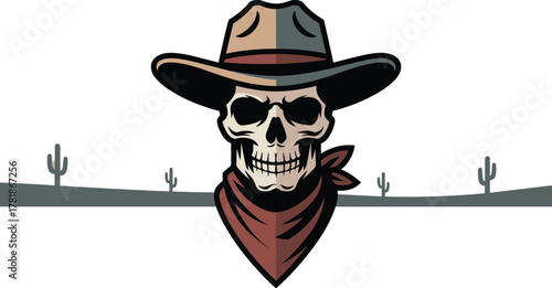 Desert Cowboy Skull with Bandana and Western Landscape Vector Mascot Illustration