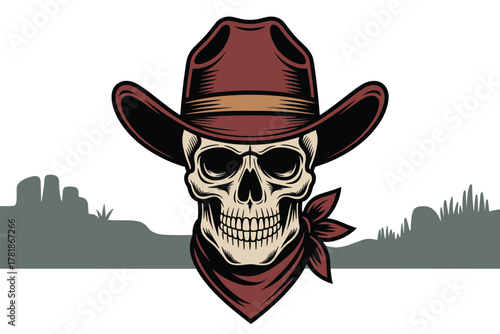 Vintage Cowboy Skull with Bandana and Western Desert Landscape Background Vector