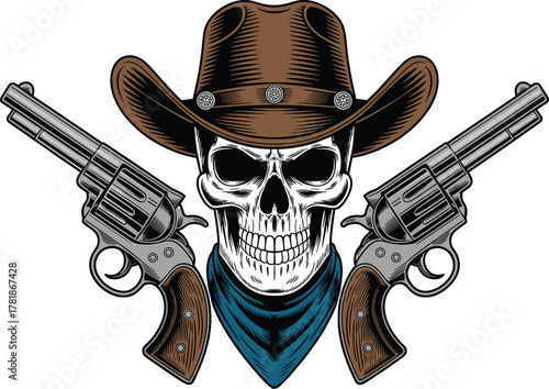 Retro Cowboy Outlaw Skull with Crossed Revolvers and Bandana Vector Mascot