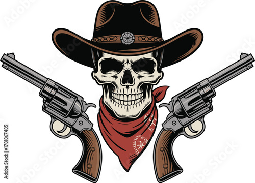 Wild West Outlaw Cowboy Skull with Revolver Guns and Bandana Vector Illustration
