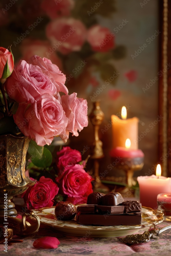 Fototapeta premium Romantic Dinner Setting: Red Roses, Chocolates, and Burning Candles in Soft Ambient Light