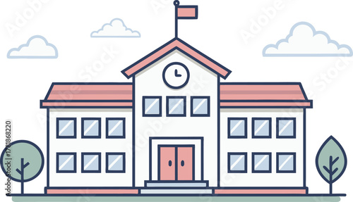 Charming school building illustration with clock and flag, perfect for educational materials, back to school promotions, or campus designs, originally a vector graphic