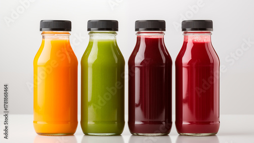 Bottles with delicious detox smoothies on white background. Juice in a glass bottle for new design. Four bottles of natural vegetable or fruit juices with black caps without labels isolated.