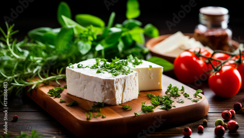 Fresh white cheese cubes with herbs on wooden board, rustic, natural and organic style.	